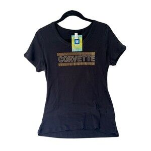 GM Corvette Rhinestones Gold Ladies Black T-shirt Size 2XL New w/tags Cap Sleeve